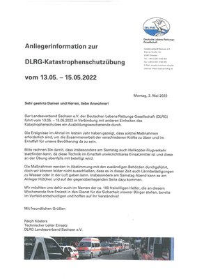 Anliegerinformation zur DLRG-Katastrophenschutzübung vom 13.05. - 15.05.2022