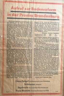 Archiv Stadt- und Regionalmuseum Perleberg | 1.	Propaganda-Plakat mit Aufruf zur Bodenreform im Land Brandenburg vom 3. September 1945