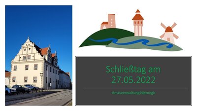 Fotocollage Schließtag Amtsverwaltung mit Rathaus und Logo