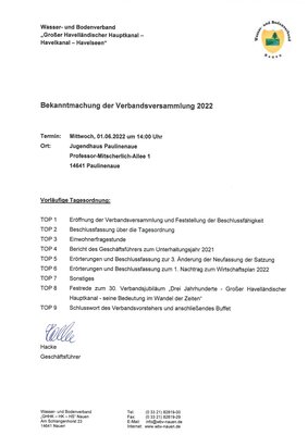 Vorschaubild der Meldung: Bekanntmachung der Verbandsversammlung 2022 des Wasser- und Bodenverbandes  "Großer Havelländischer Hauptkanal - Havelkanal - Havelseen"