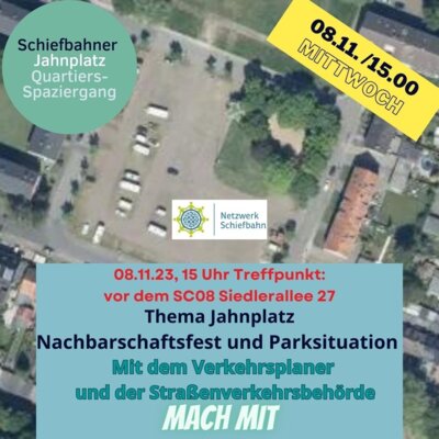 Luftbild vom Jahnplatz in Schiefbahn mit Einladung am 08.11.23 um 15 Uhr zum Quartiersspaziergang. (Bild vergrößern)