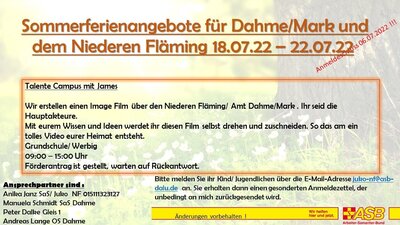 Sommerferienangebote für Dahme/Mark und dem Niederen Fläming 18.07. - 22.07.2022