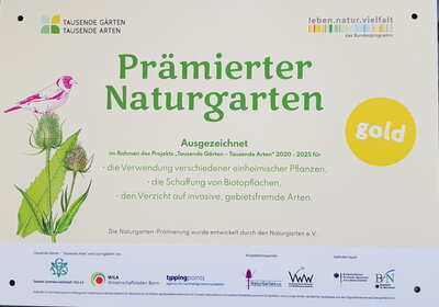 Gold Plakette der unabhängigen Prämierung des Hotzenwald-Naturgartens