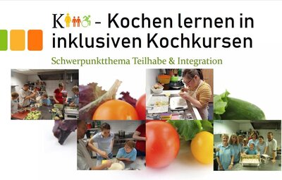 Auf dem Bild sieht man den Schriftzug KliiK - Kochen lernen in inklusiven Kochkursen. Darunter sind vier Bilder, die verschiedene Kochsituationen zeigen.