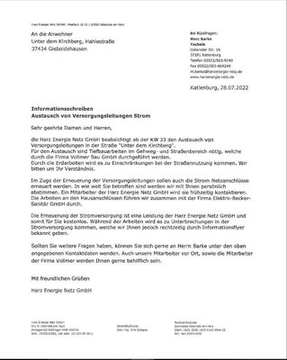 Informationsschreiben der Harz Energie Netz GmbH
