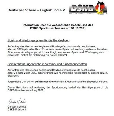 Meldung: Information über die wesentlichen Beschlüsse des DSKB Sportausschusses am 31.10.2021