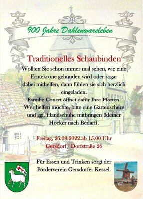 Schaubinden einer Erntekrone am 26.08.2022 ab 15:00 Uhr auf dem Conertschen Hof (Bild vergrößern)