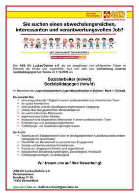 Sozialarbeiter (m/w/d) Sozialpädagogen (m/w/d) im Bereichen der Jugendsozialarbeit /Jugendkoordination in Dahme / Mark in Vollzeit.