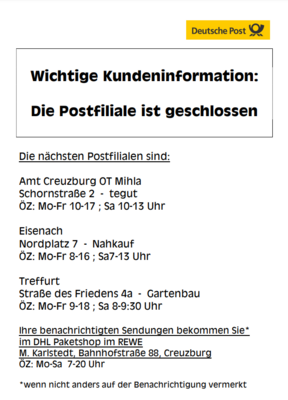 Wichtige Kundeninformation: Die Postfiliale in Creuzburg ist geschlossen (Bild vergrößern)