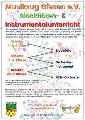 Meldung: Blockflöten- und Instrumentalunterricht im Musikzug Giesen