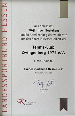 Urkunde zum 50-jährigen Jubiläum des TC Zwingenberg.