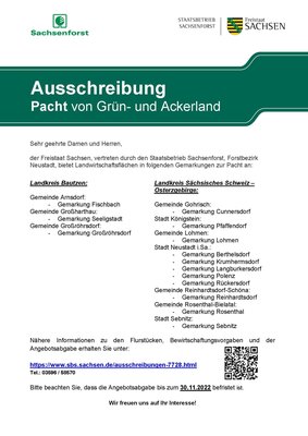 Ausschreibung Sachsenforst: Pacht von Grün- und Ackerland