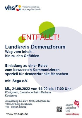 Landkreis Demenzforum am Mittwoch, 21.09.2022 in Königstein entfällt!