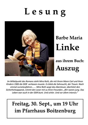 Foto zur Meldung: Lesung Barbe Maria Linke, Boitzenburg 30. September