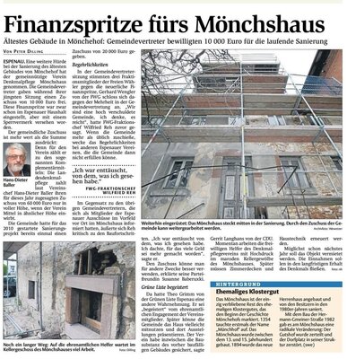 HNA vom 09.05. 2014 zur Finanzspritze Mönchshaus (Bild vergrößern)