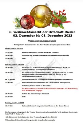 5. Weihnachtsmarkt der Ortschaft Rieder vom 02.12.2022 17.30 Uhr bis 03.12.2022  21.00 Uhr