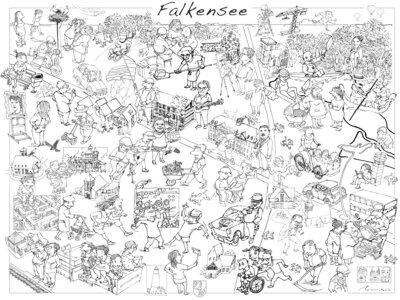 Künstler Peter Menne illustriert das Falkenseer Stadtplakat. Unser Bild zeigt den aktuellen Stand.