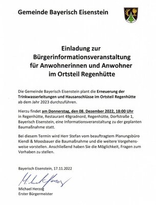 Einladung zur Bürgerinformationsveranstaltung Ortsteil Regenhütte