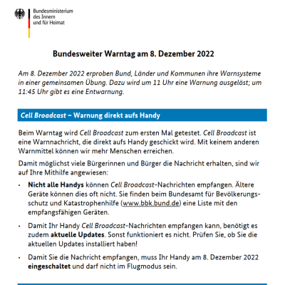 Meldung: Bundesweiter Warntag am 8. Dezember 2022