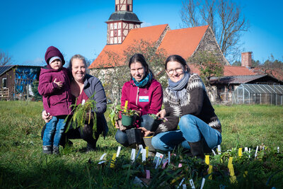 Familie Schmidt (li.) erhält Pflanzware von Elisa Kallenbach (Mitte) und Andrea Künnemann (re.) aus der Naturparkverwaltung Hoher Fläming; Foto: Sandy Rau  