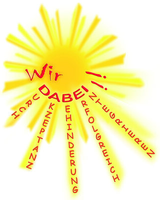 Das Bild zeigt das Logo des Vereins. Eine gelbe Sonne, in deren Mitte mit roter Schrift Wir DABEI!! steht und in deren Strahlen man die fünf, mit dem Wort DABEI verbundenen Wörter DURCH AKZEPRTANZ BEHINDERUNG ERFOLGREICH INTEGRIEREN lesen kann.