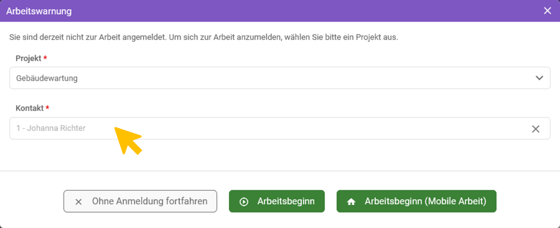 Projekt und Kunden auswählen auf den die Arbeitszeit angerechnet wird