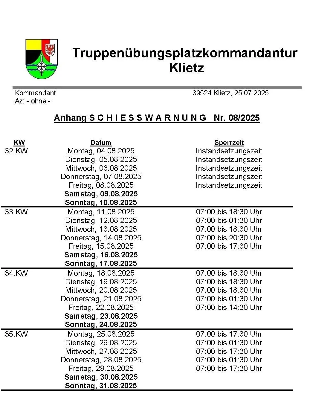 Schiesswarnung August 2025