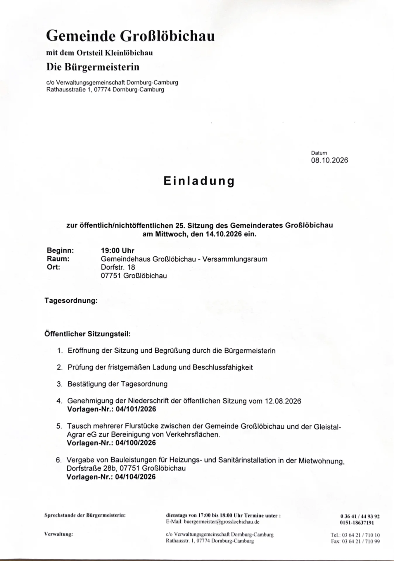 Gemeinderat Einladung