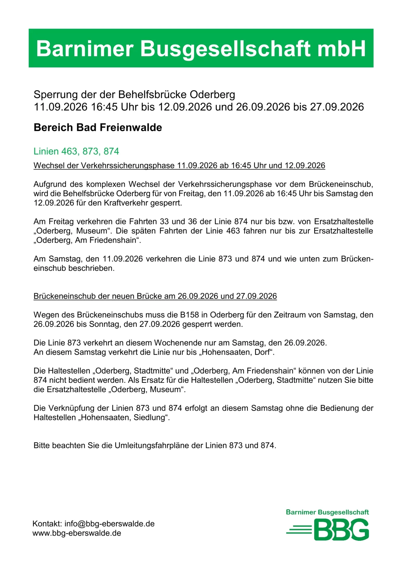 Veröffentlichung Fahrplanänderung Bad Freienwalde