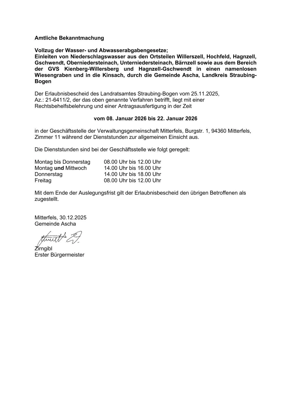 Bek. geh. Erl. Wasserrecht Einleiten v Niederschlagswasser aus den OT Willerszell, Hochfeld in namenlosen Wiesengraben, 30.12.25-1