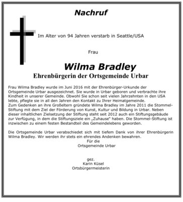 Ehrenbürgerin Wilma Bradley ist gestorben