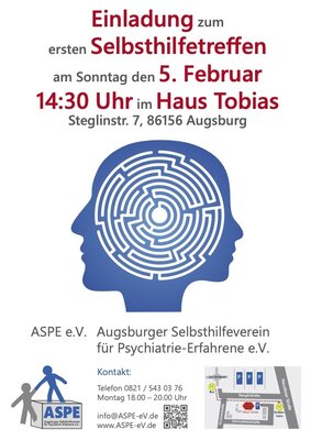 Einladung zum ersten Selbshilfetreffen der ASPE Selbsthilfegruppe in Augsburg am 05.02.23 um 14:30 Uhr im Haus Tobias (Bild vergrößern)