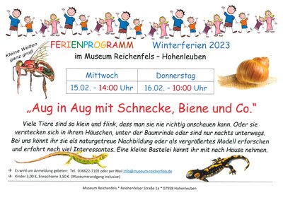 Meldung: Aug in Aug mit Schnecke, Biene und Co. - Ferienprogramm am 15. und 16. Februar 2023