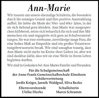 Trauer um unsere ehemalige Schülerin Ann-Marie