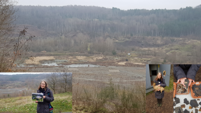 Grube Messel mit der Biologin Nadja Israel. Bild 1 zeigt den ehemaligen tropischen See, Bild 2 zeigt das kleine Ur-Pferdchen und Bild 3 zeigt versteinerten Kot, welcher sehr interessant für die Wissenschaft ist!