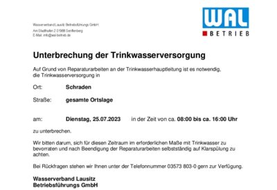 Information der WAL zur Trinkwasserunterbrechung in Schraden am 25.07.2023 (Bild vergrößern)