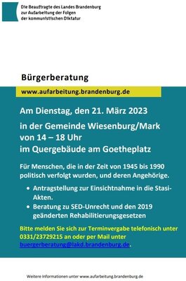 Mobile Beratung für politisch Verfolgte in der SBZ / DDR zur Einsichtnahme in die Stasi-Akten und zum SED-Unrecht am 21.03.2023 in der Zeit von 14 - 18 Uhr im Quergebäude in Wiesenburg (Bild vergrößern)