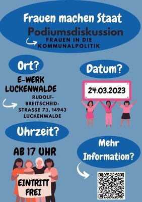 Der Landkreis informiert: Frauen in die Kommunalpolitik  24. März 2023, ab 17 Uhr – E-Werk Luckenwalde – Podiumsdiskussion und mehr
