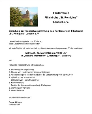 Foto zur Meldung: Einladung zur Generalversammlung des Fördervereins Filialkirche „St. Remigius“ Laudert e. V.