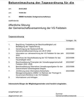 Vorschaubild der Meldung: Gemeinschaftsversammlung VG Feldstein