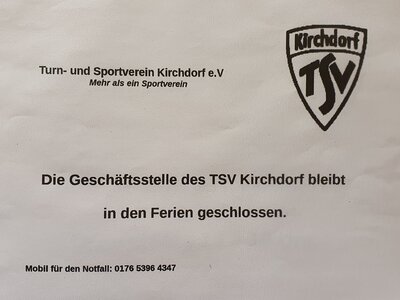 Foto zur Meldung: Die Geschäftsstelle des TSV Kirchdorf bleibt in den Ferien geschlossen ...