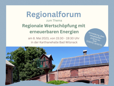 Foto zur Meldung: 08.05.2023, 15:30-19:30 Uhr: Regionalforum zum Thema Regionale Wertschöpfung mit erneuerbaren Energien in der Karthanehalle Bad Wilsnack