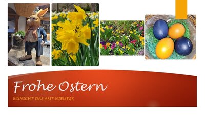 Ostergrusscollage mit Hase, Eiern und Blumen Quelle: Amt Niemegk
