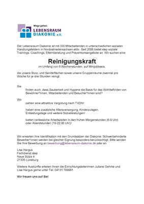 (Stelle ist besetzt) wir suchen erneut: Reinigungskraft gesucht