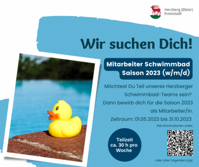 Meldung: Stellenausschreibung Mitarbeiter (w/m/d) im Herzberger Schwimmbad für die Saison 2023.