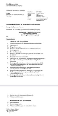 Einladung zur 20. Sitzung der Gemeindevertretung Humptrup (Bild vergr&ouml;&szlig;ern)