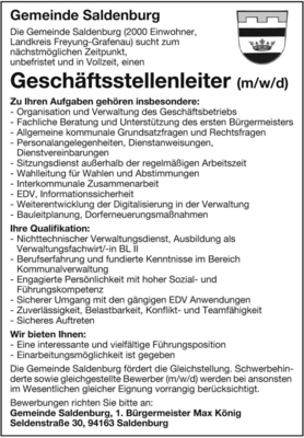 Stellenausschreibung der Gemeinde Saldenburg