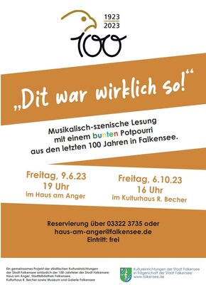 9. Juni, 19 Uhr: „Dit war wirklich so!“ Musikalisch-szenische Lesung mit einem bunten Potpourri aus den letzten 100 Jahren Falkensee