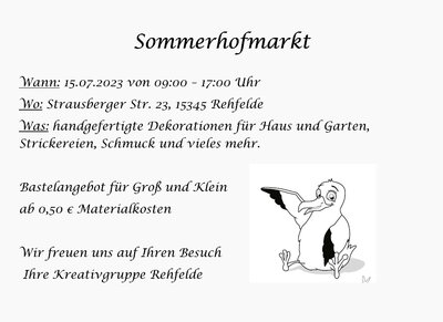 Vorschaubild zur Meldung: Sommerhofmarkt der Kreativgruppe Rehfelde am 15. Juli