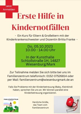 Erste Hilfe Kurs für Kindernotfälle am 05.10.2023 - Jetzt anmelden! (Bild vergrößern)